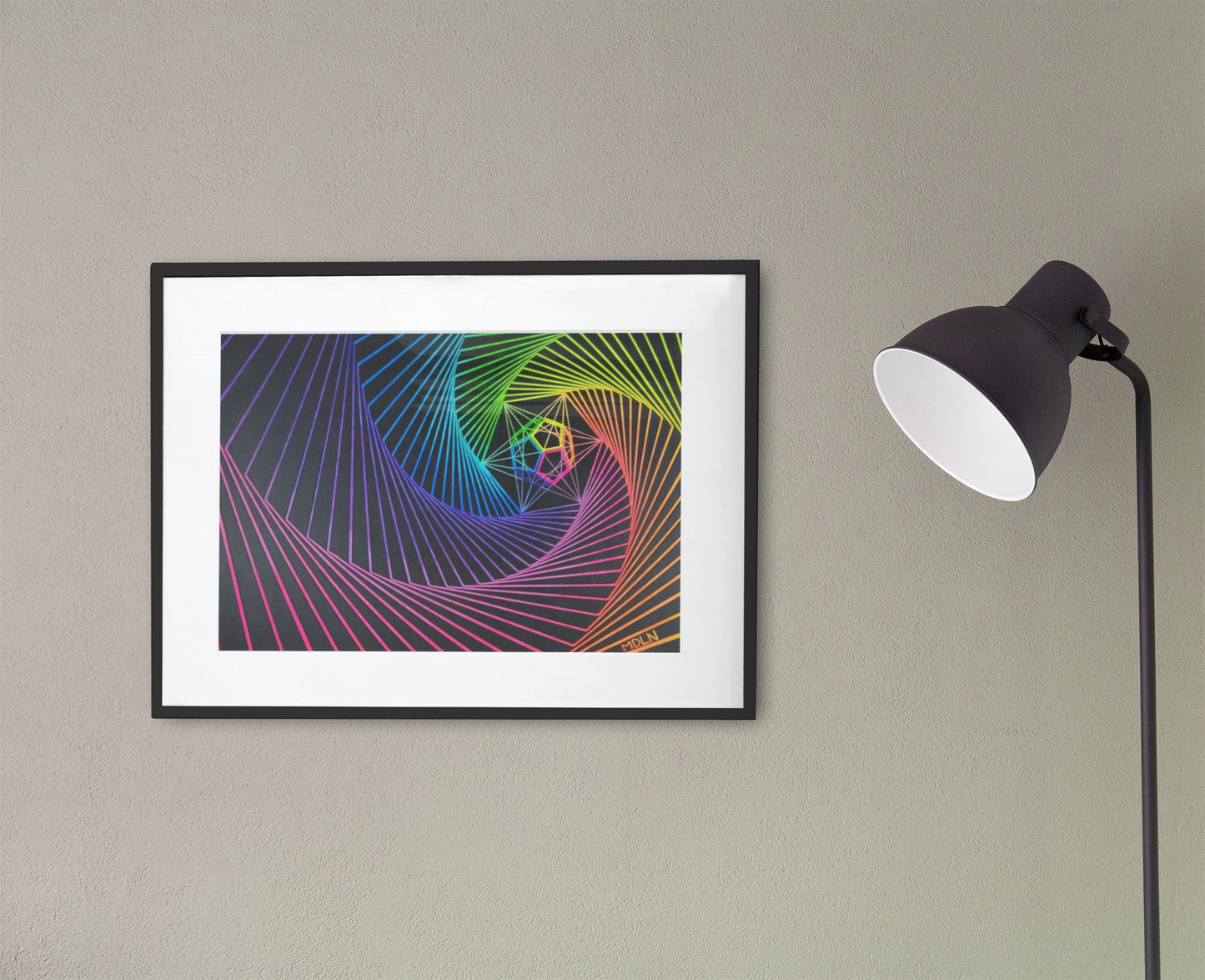 Sacred Geometry Art original acrylic painting showing The Dodecahedron which represents The Aether, inside a spiral of lines all bright neon colors, framed, hanging on the wall next to a lamp