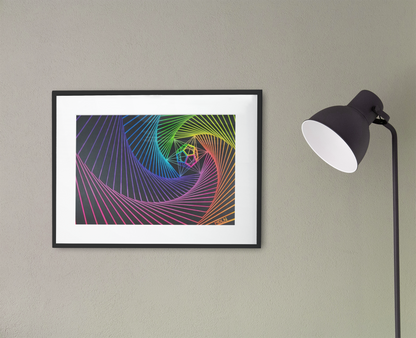 Sacred Geometry Art Poster Print painting showing The Dodecahedron which represents The Aether, inside a spiral of lines all bright neon colors, framed, hanging on the wall next to a lamp
