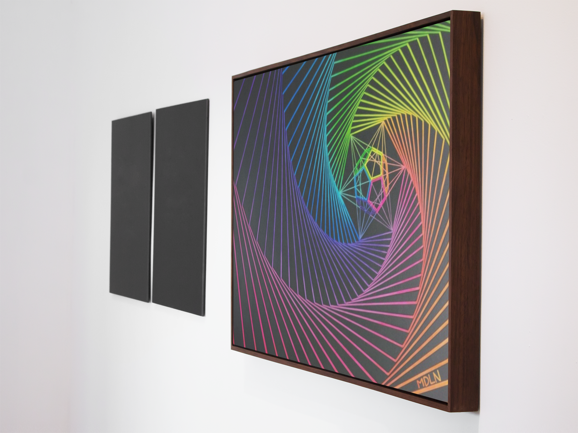 Sacred Geometry Art Poster Print painting showing The Dodecahedron which represents The Aether, inside a spiral of lines all bright neon color, framed, hanging on the wall 
