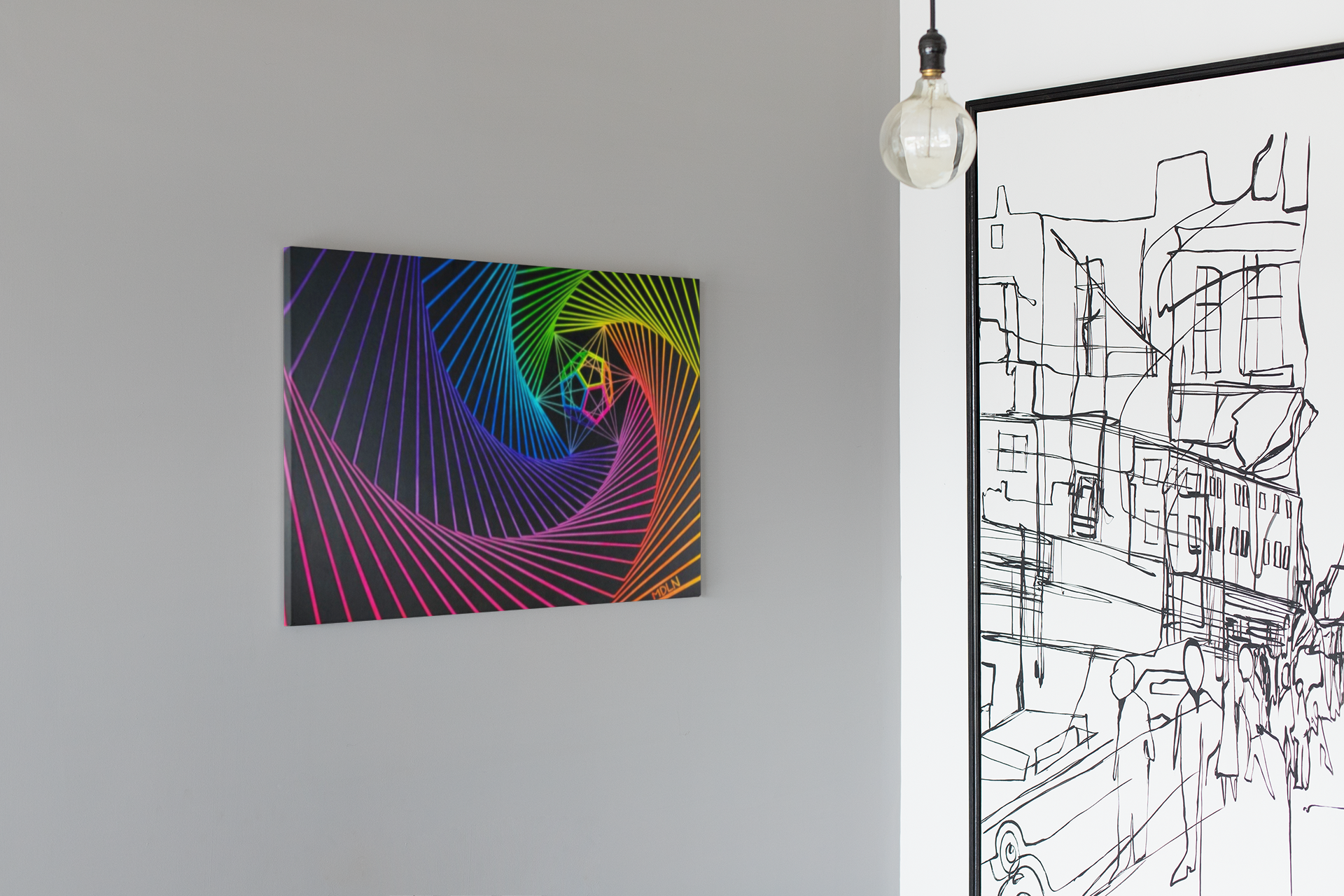 Sacred Geometry Art Canvas Print painting showing The Dodecahedron which represents The Aether, inside a spiral of lines all bright neon colors, hanging on the wall 