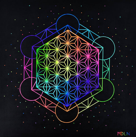 A bright and colorful sacred geometry giclee art print of Metatrons cube sacred geometry overlayed by the flower of life sacred geometry art