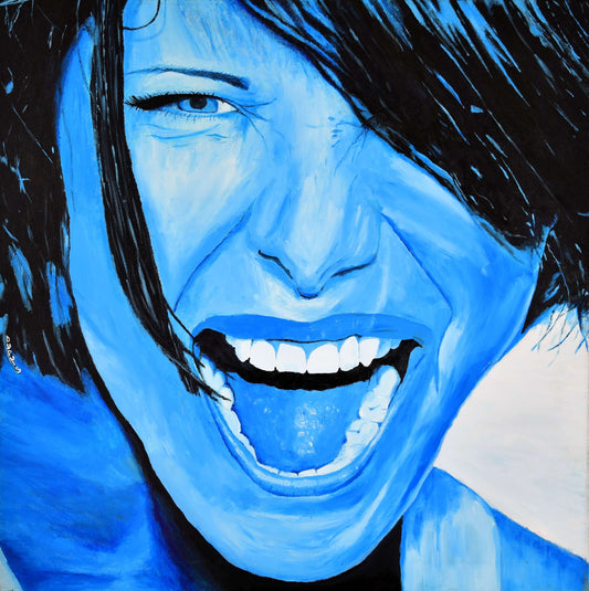 An art print on canvas of a passionate woman showing emotions, painted in blue, woman portrait art