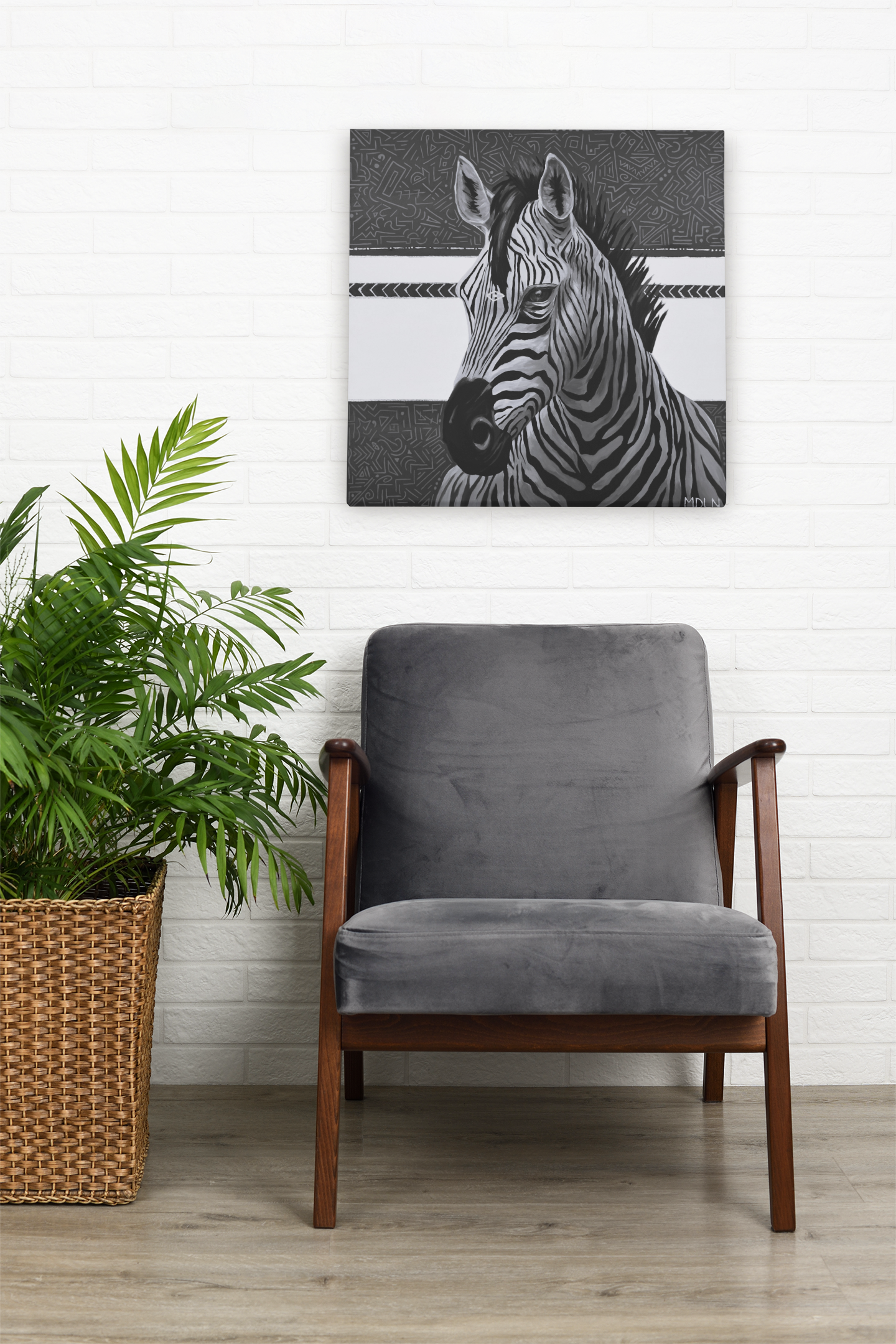 A black and white art print on canvas of a majestic zebra painting on canvas with abstract background, hanging on a wall over a living room chair next to a plant, zebra art